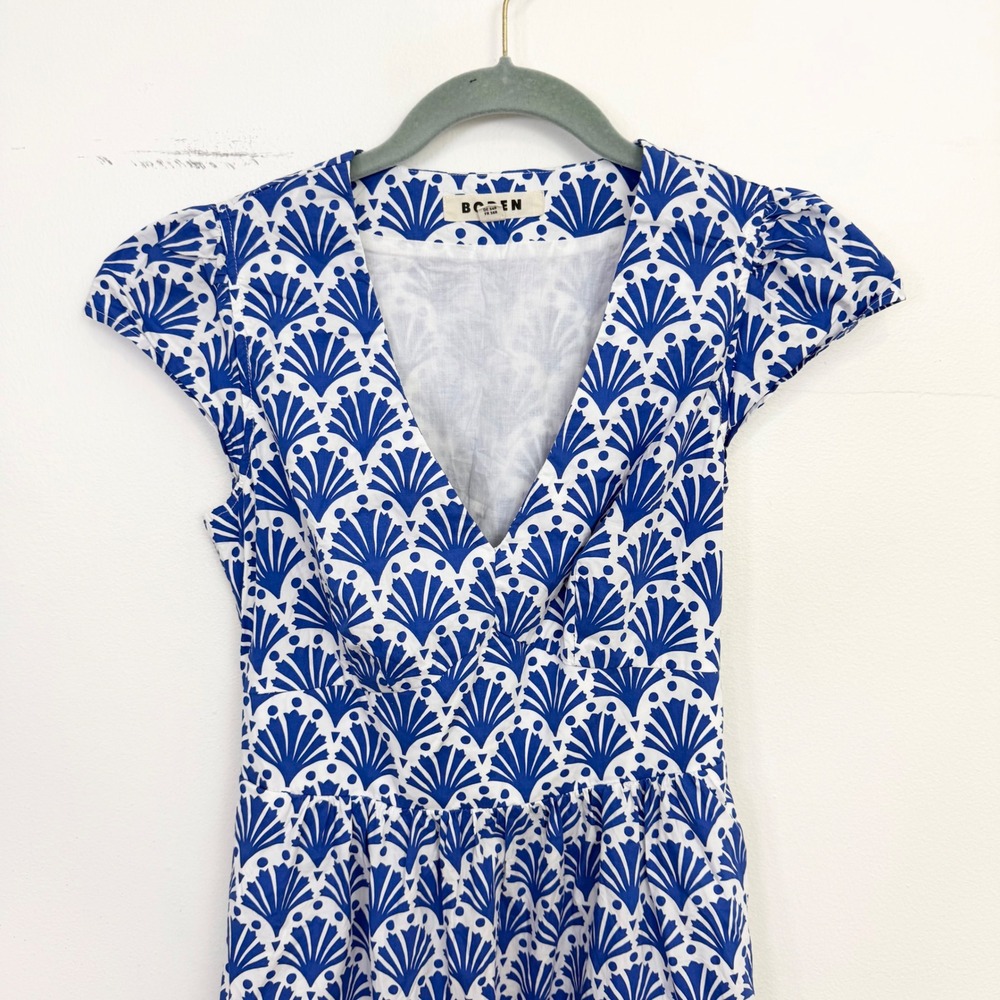 Boden May Shell Print Cotton Midi Dress Blue White Cap Sleeve Size US 4R UK 8R - Picture 4 of 7